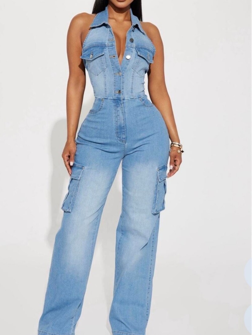 Fashion Nova Light Blue Denim Cargo Jumpsuit